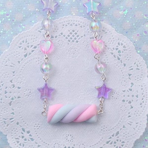 Kawaii Sweet Pastel Necklace, Lavander Rainbow Marshmallow Necklace made in Polymer Clay, perfect for Sweet Outfit, Harajuku Kei, Fairy Kei