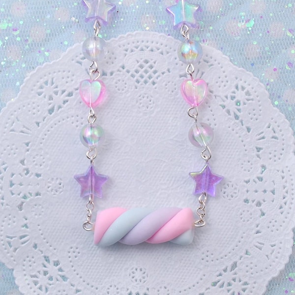 Collier Kawaii Sweet Pastel, Collier de guimauve arc-en-ciel Lavian fabriqué en argile polymère, parfait pour Sweet Outfit, Harajuku Kei, Fairy Kei