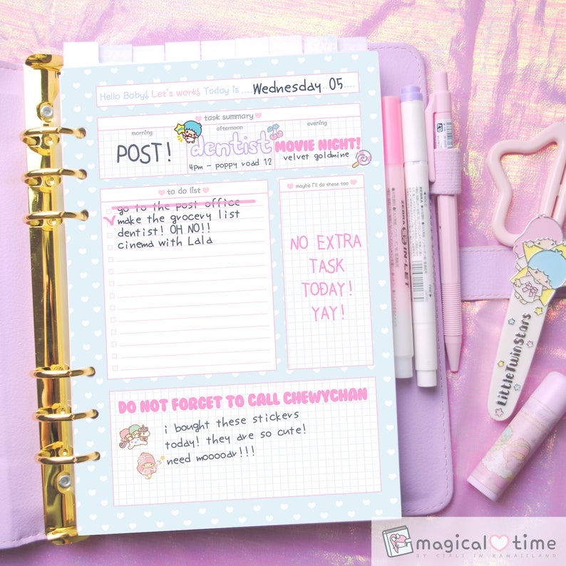 May include: A pink and blue planner with a grid pattern and hearts. The planner has a section for tasks, a to-do list, and a note section. The text "Wednesday 05" is at the top of the page. The text "DO NOT FORGET TO CALL CHEWYCHAN" is at the bottom of the page.