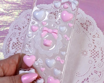 iPhone 15, 14, 13, 12, 11, X, XS, XR, SE, 8, 7, 6, Pro, Pro Max, Mini, Kawaii Coquette Decoden Case with Pink and White Bear and Bows