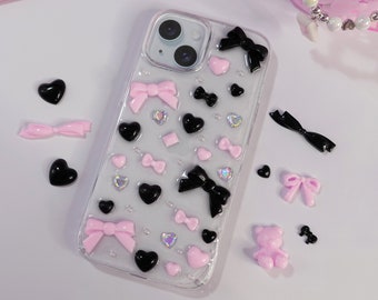 iPhone 15, 14, 13, 12, 11, X, XS, XR, SE, 8, 7, 6, Pro, Pro Max, Mini, Kawaii Dark Coquette Decoden Case with Pink and White Bows and Hearts