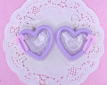 Kawaii Lilac Heart Earrings – Resin Glitter & Bow – Harajuku Style Handmade Jewelry