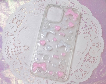 Case for Samsung Galaxy S24, 23, 22, 21, 20, 10,9, 8, 7, 6  Ultra & Plus - Kawaii Coquette Decoden Case with Pink and White Bows and Hearts