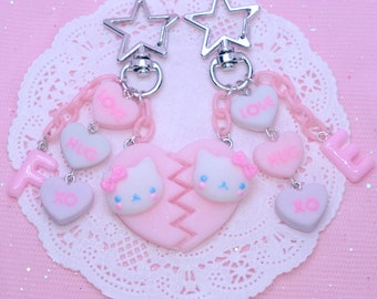 Kawaii Custom Double Heart Keychain with Cats, Personalized Valentine & Galentine gift, Cute Conversation Hearts