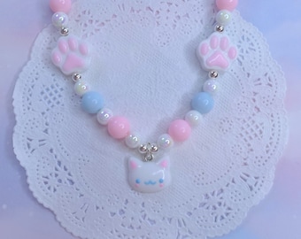 Kawaii Beaded Kitty Cat Necklace, Yumekawaii Jewelry, Fairy Kei, Harajuku Jfashion, Pastel Aesthetic Accessories, Harajuku
