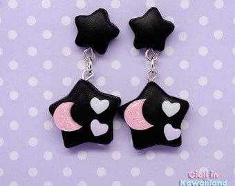 Kawaii pastel goth-oorbellen - Schattige zwarte sterren oorbellen met maan en harten - Harajuku - Jfashion
