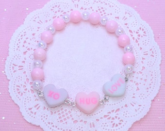 Kawaii Conversation Hearts Bracelet, Sweet Valentine & Galentine gift