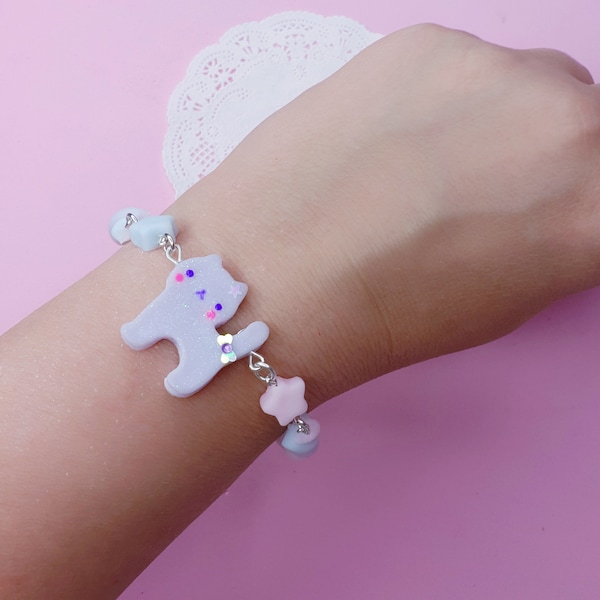 Bracelet Kawaii Lilac Cat avec étoiles et perles de guimauve