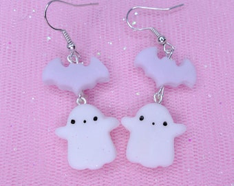 Kawaii Ghost & Lilac Bat Earrings - Cute Halloween Jewelry