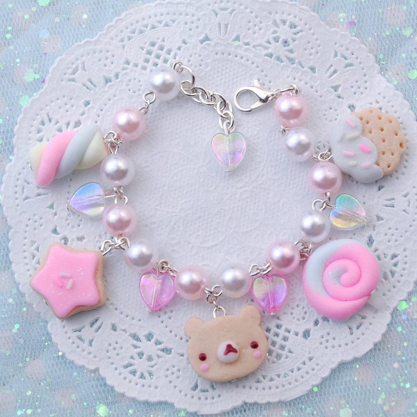 Bracelet Kawaii Sweet Charms | Bracelet perles acryliques avec de faux breloques de bonbons | Cadeau de Noël pour elle et pour les adolescentes