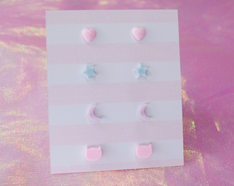 Kawaii Lovely Earrings Set | Pink Heart | Star | Moon | Cat | Cute Stud Earrings | Fancy | Fairy | Jfashion | Pastel Aesthetic