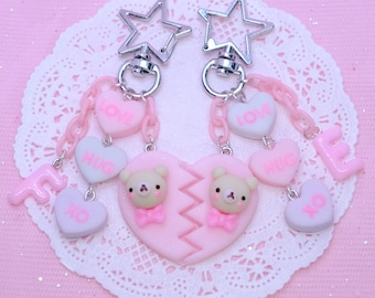 Kawaii Custom Double Heart Keychain with Bears, Personalized Valentine & Galentine gift, Cute Conversation Hearts