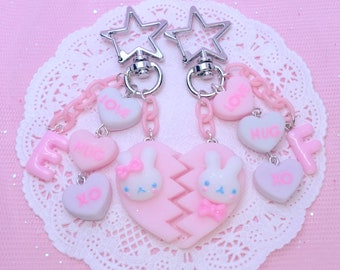 Kawaii Custom Double Heart Keychain with Bunny, Personalized Valentine & Galentine gift, Cute Conversation Hearts