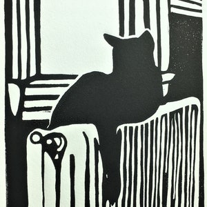 窓辺の黒猫 リノリウム版画 8 x 10