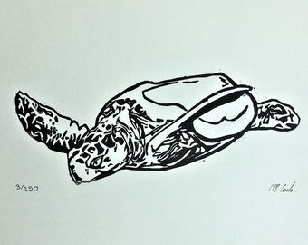 Sea Turtle Linoleum Block Print