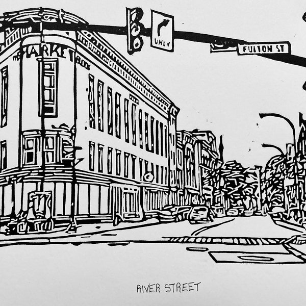 River Street, Troy, New York Linoleum Block Print