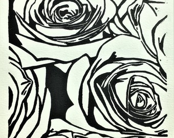 Bouquet of Roses Linoleum Block Print