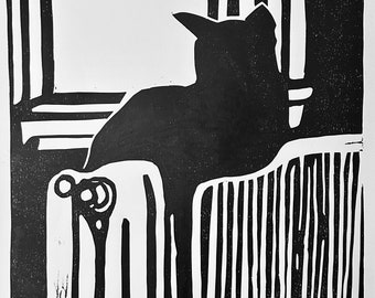 Black Cat in Window Linoleum Block Print, 16 x 20