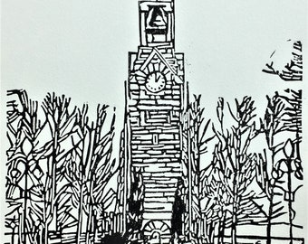 Centerway Square Clock Tower Linoleum Block Print