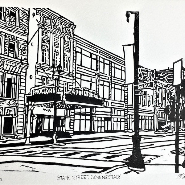 Proctor's Theatre Linoleum Block Print