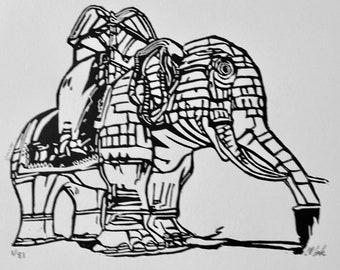 Lucy the Elephant Linoleum Block Print