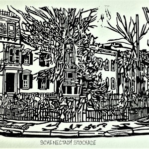 May include: Black and white woodcut print of a house with a fence and trees. The print is titled "Schenectady Stockade" and is numbered 2/250.