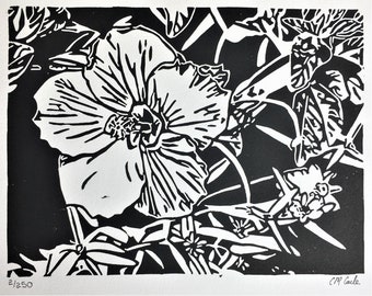 Exotic Black and White Hibiscus Flower Linocut Print