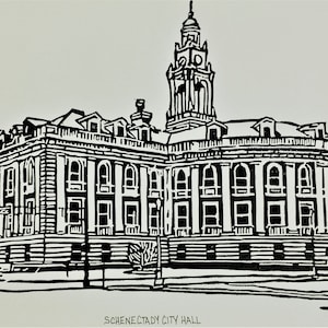 Schenectady City Hall Linoleum Block Print