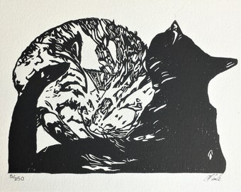 Schwarze Katze, Tabby Kätzchen Linoleum Blockdruck