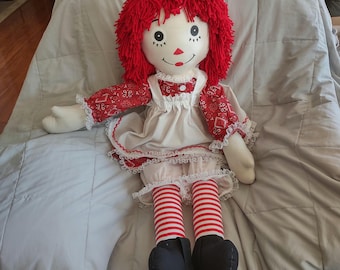 Pair of 36 Inch Handmade Raggedy Ann and Raggedy Andy Dolls; Red