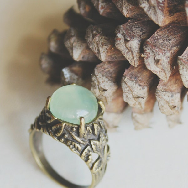 Nemophilist ~ a whimsical woodland bohemian fairy gypsy non-adjustable size 6 brass ring featuring a beautiful prehnite stone cabochon