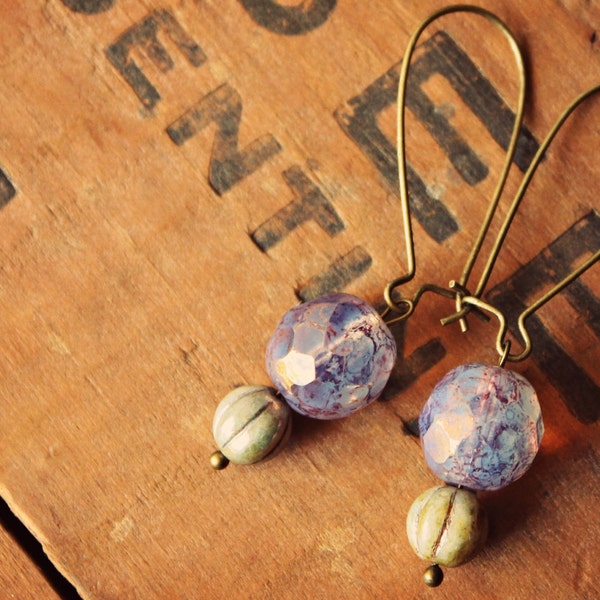 Lavender Melon Drops ~ a pair of brass kidney wire dangle earrings with purple and light green czech glass beads