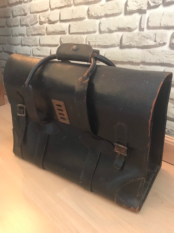 Large Black Leather Vintage Briefcase