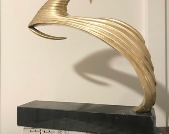 Vintage Dara International Brass and Marble Leaping Gazelle Sculpture