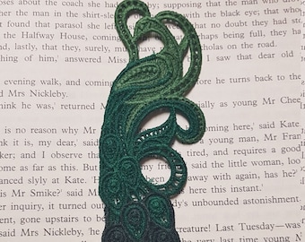 May include: A close-up of a green lace bookmark with a delicate floral design. The bookmark is placed on a page of a book with the text "Nicholas Nickleby" visible.