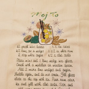 Cocktail Towel, Mojito Recipe Towel, Kitchen Towels, Bar Towels, Dish Cloth, House Warming Gift