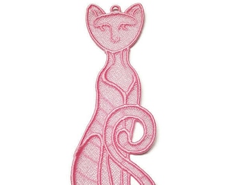 May include: Pink embroidered cat bookmark with a curled tail. The cat is sitting upright with its tail wrapped around its body.