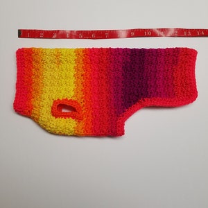 Op de afbeelding: Een gehaakte hondentrui in een regenboogkleurenpatroon van geel, oranje, rood en paars. De trui heeft een gat in het midden voor het hoofd van de hond.