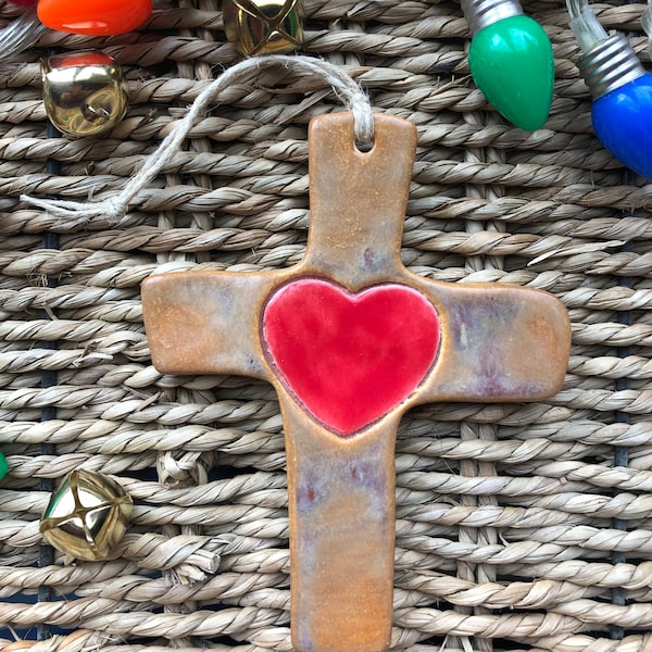 Ceramic Cross Ornament with Heart