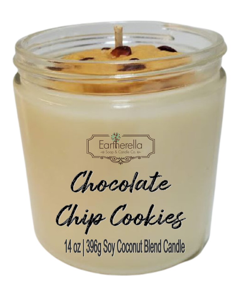 Coconut Soy Wax Blend CHOCOLATE CHIP COOKIES 14 oz Luxury Jar Candle with wax cookie on top