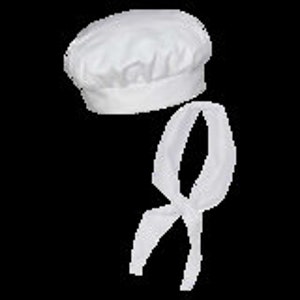 May include: White chef hat with a white neck scarf. The hat is a traditional style with a round crown and a wide brim. The scarf is tied in a bow at the back of the neck.