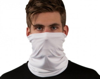 May include: A white neck gaiter, also known as a face covering, is worn around the neck and pulled up to cover the nose and mouth. The gaiter is made of a soft, stretchy material and is worn by a person wearing a black shirt.