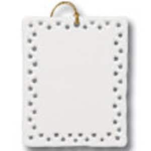 May include: White ceramic ornament with a dotted border. The ornament has a hole at the top for hanging.
