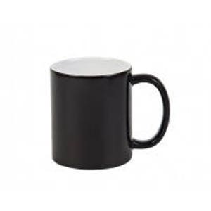 May include: A black ceramic mug with a white interior and a rounded handle. The mug has a glossy finish and is set against a plain white background. The mug is designed for hot beverages.