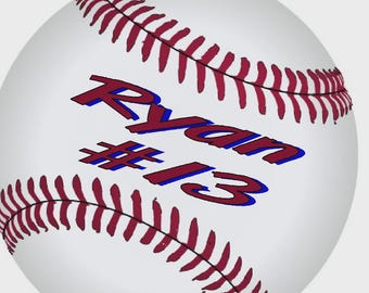 May include: A white baseball with red stitching and the name "Ryan" and the number "13" in blue and maroon lettering. The baseball is a classic design, perfect for sports enthusiasts.