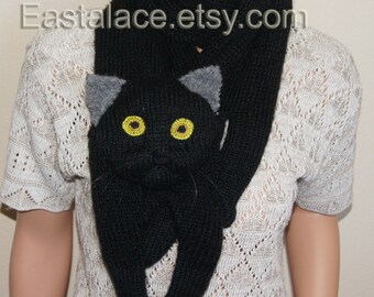 Black Cat Scarf Knitting  Christmas Gift, Knitting Cat Scarf