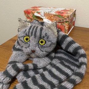 Knitted Scarf Fuzzy Tabby Gray Knit Cat Scarf Mohair Long Scarf Cat Lovers Memory Lost Pet Gift Animal Scarf image 2