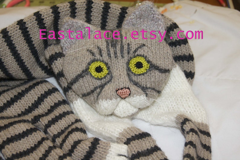 Knitted Scarf animal scarf tabby cat Fuzzy black beige white Soft Scarf Pet Ginger Cat Lover Mother Gift Idea image 2