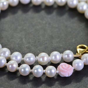 Queen Conch Shell Rose Freshwater Pearl 6 mm Beaded Necklace Pearl Knotted Necklace Gift for Women Pearl Choker
