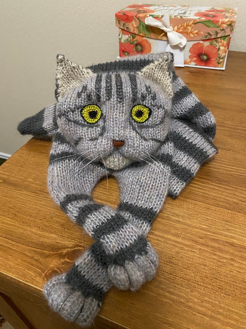 Knitted Scarf Fuzzy Tabby Gray Knit Cat Scarf Mohair Long Scarf Cat Lovers Memory Lost Pet Gift Animal Scarf image 5